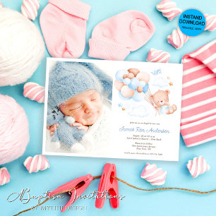 Watercolor Balloons and Bear, Photo Boy Baptism Invitation