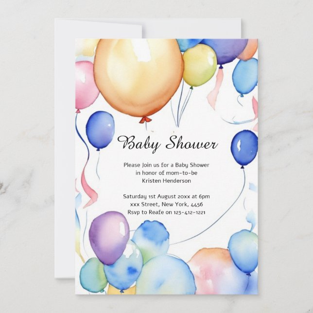 Watercolor Balloons Baby Shower Invitation (Front)