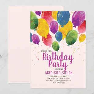 Watercolor Balloons Birthday Party Invitation
