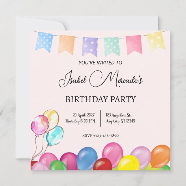 Watercolor Balloons Birthday Party Invitation (Front)