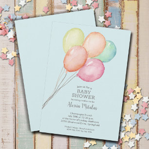 Watercolor Balloons Blue Baby Shower Invitation