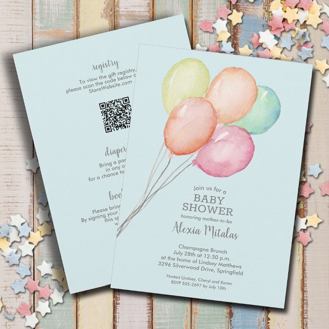Watercolor Balloons Boy Baby All In One Shower Invitation (Watercolor balloons boy baby shower all in one invitations, PRINTED and/or INSTANT DOWNLOAD)