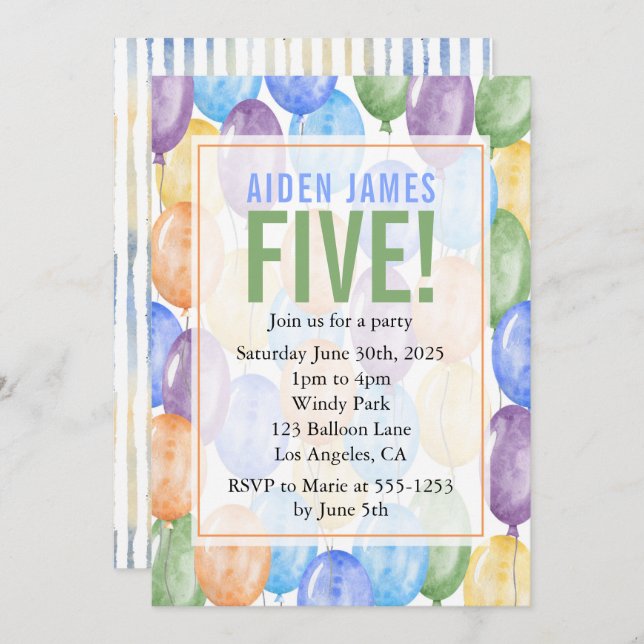 Watercolor Balloons Boy Birthday Invitation (Front/Back)