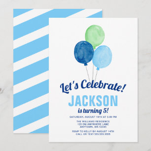 Watercolor Balloons Boy Birthday Invitations