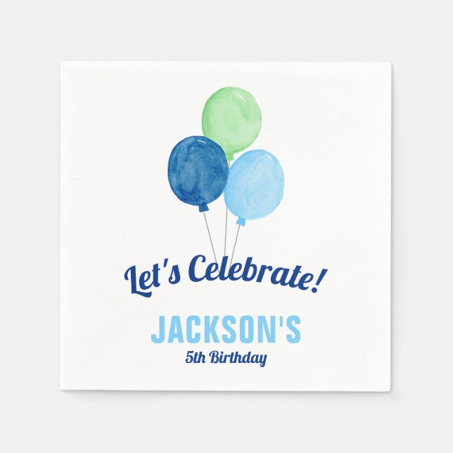 Watercolor Balloons Boy Birthday Napkin (Front)