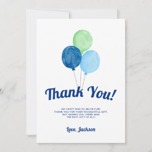 Watercolor Balloons Boy Birthday Thank You Card