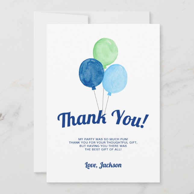 Watercolor Balloons Boy Birthday Thank You Card (Front)