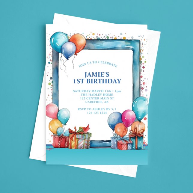 Watercolor Balloons Boys 1st Birthday Invitation (Creator Uploaded)