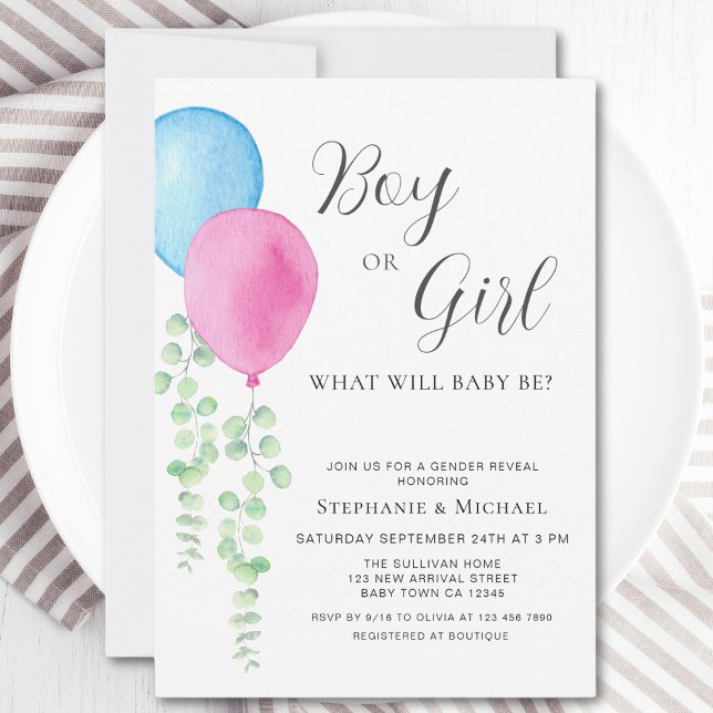 Watercolor Balloons Eucalyptus Gender Reveal Invitation (Creator Uploaded)