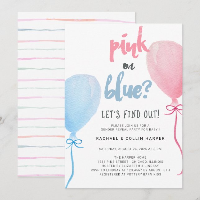 Watercolor Balloons Gender Reveal Baby Shower Invitation (Front/Back)