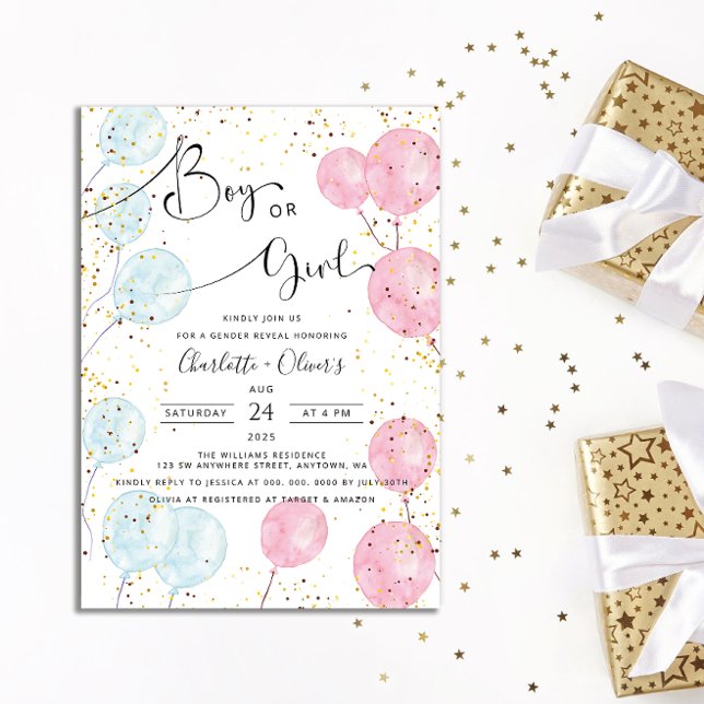 Watercolor Balloons Gender Reveal Invitation (Creator Uploaded)