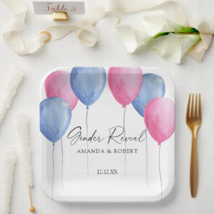Watercolor Balloons Gender Reveal Paper Plate
