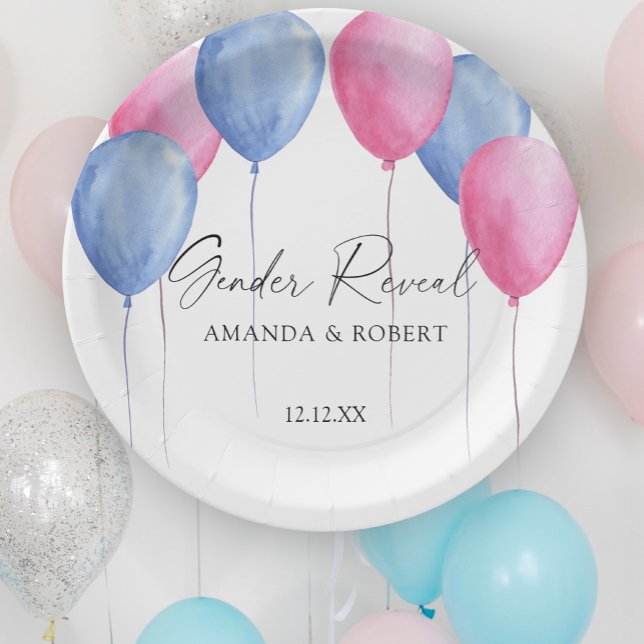 Watercolor Balloons Gender Reveal Paper Plate (Creator Uploaded)