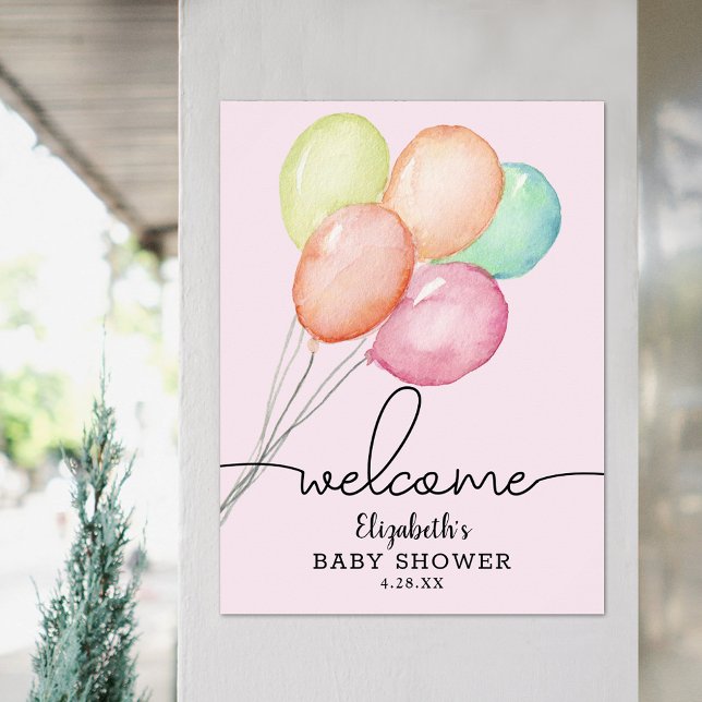 Watercolor Balloons Girl Baby Shower Welcome Poster (Watercolor balloons on pink girl baby shower welcome poster, PRINTED and/or INSTANT DOWNLOAD)