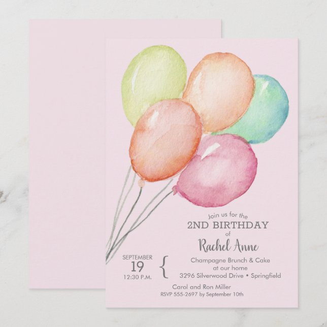 Watercolor Balloons Girl's 2nd Birthday Invitation (Front/Back)