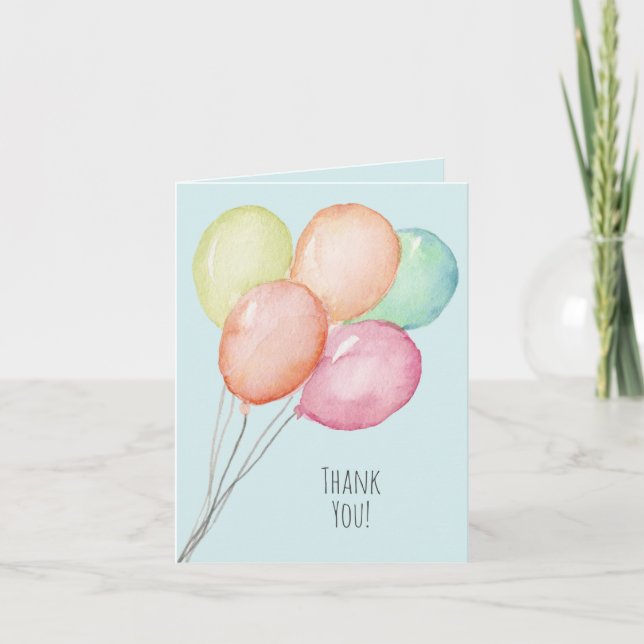 Watercolor Balloons on Blue 1st Birthday Thank You Card (Front)