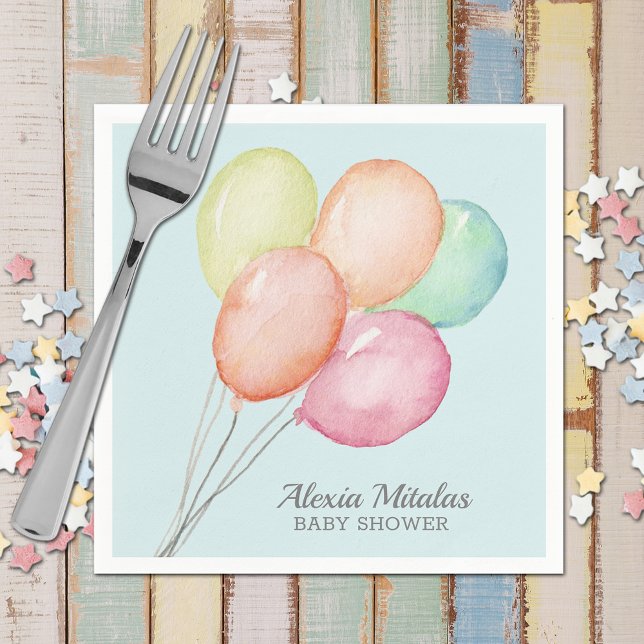 Watercolor Balloons on Blue Baby Shower Napkin (Watercolor Balloons Boy Baby Shower Blue Napkins)