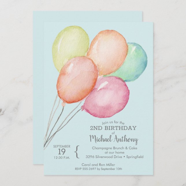 Watercolor Balloons on Blue Birthday Invitations (Front/Back)