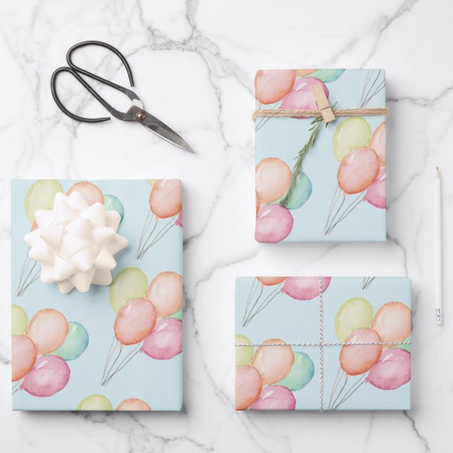 Watercolor Balloons on Blue Wrapping Paper Sheet (Front)