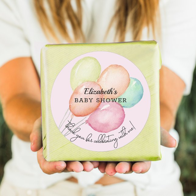 Watercolor Balloons on Pink Baby Shower Classic Round Sticker (Watercolor balloons on pink girl  baby shower round favor stickers)