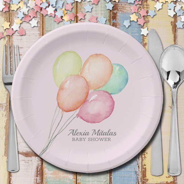 Watercolor Balloons on Pink Baby Shower Paper Plate (Watercolor Balloons on Pink Girl Unisex Baby Shower Paper Plates)