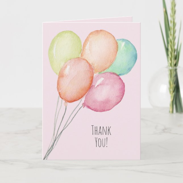 Watercolor Balloons on Pink Thank You Card (Front)