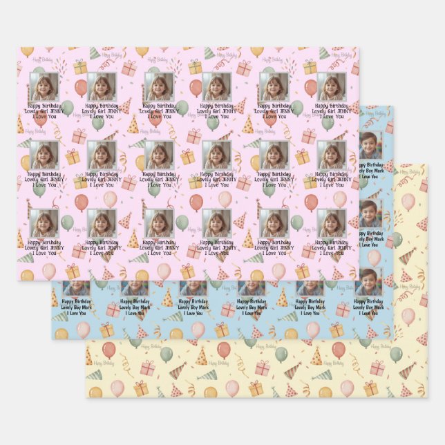 Watercolor Balloons & Photo Custom Kids Birthday Wrapping Paper Sheet (Set)