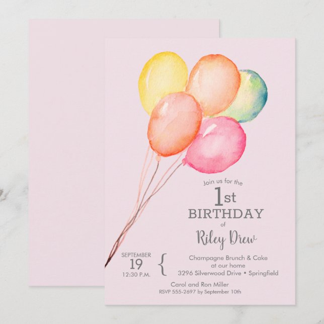 Watercolor Balloons Pink 1st Birthday Invites (Front/Back)