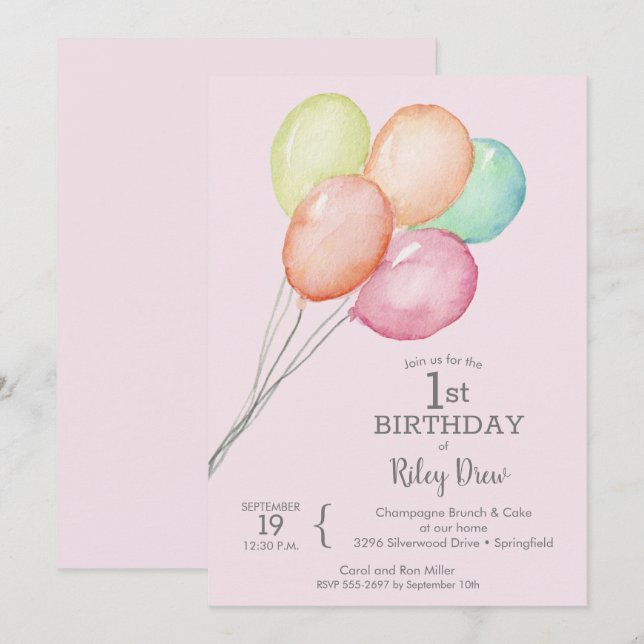 Watercolor Balloons Pink 1st Birthday Invites (Front/Back)