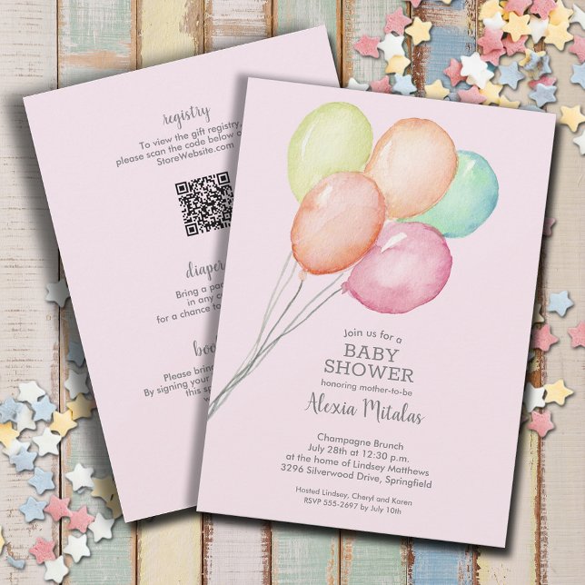 Watercolor Balloons Pink Baby All In One Shower Invitation (Watercolor balloons girl baby shower all in one invitations, PRINTED and/or INSTANT DOWNLOAD)