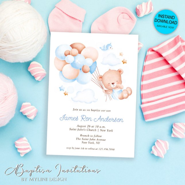 Watercolor Balloons Teddy Bear Boy Baptism Invitation (Creator Uploaded)