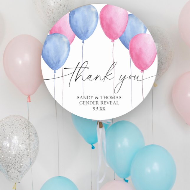 Watercolor Balloons Thank you gender reveal Classic Round Sticker (Creator Uploaded)