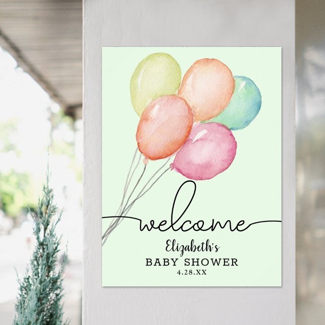 Watercolor Balloons Unisex Baby Shower Welcome Poster (Watercolor balloons on green unisex baby shower welcome poster, PRINTED and/or INSTANT DOWNLOAD)