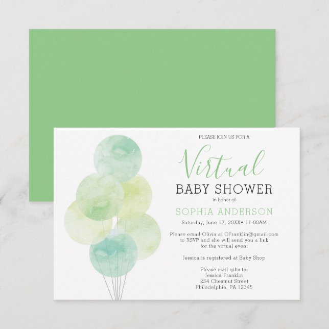 Watercolor Balloons Virtual Baby Shower Invitation (Front/Back)