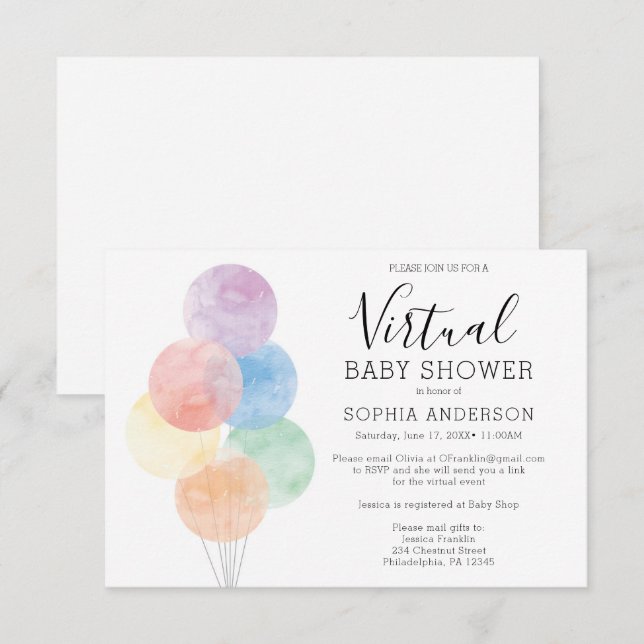 Watercolor Balloons Virtual Baby Shower Invitation (Front/Back)