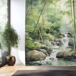 Watercolor Bamboo Forest Waterfall Shower Curtain