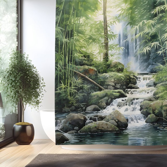 Watercolor Bamboo Forest Waterfall Shower Curtain (Creator Uploaded)