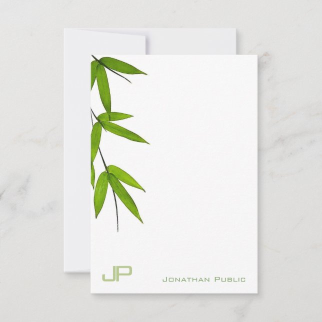 Watercolor Bamboo Leaves Modern Monogram Simple Card (Front)