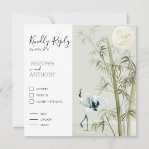 Watercolor Bamboo Moon and Crane Bird 