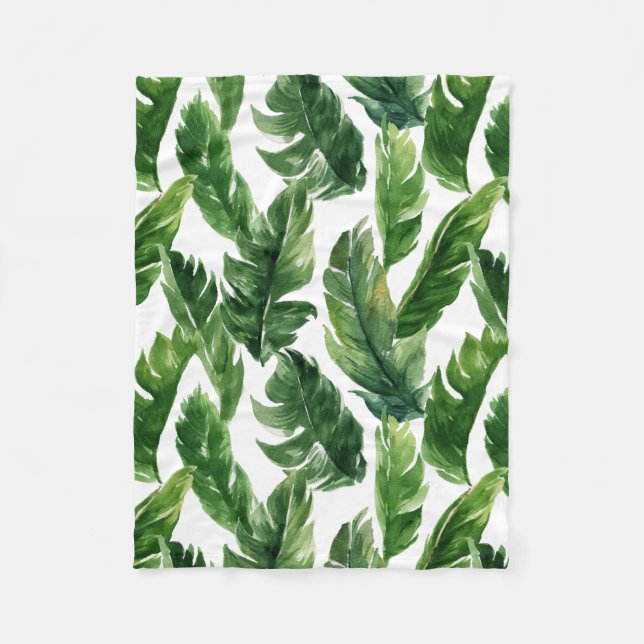 Watercolor Banana Leaves Tropical Fleece Blanket (Front)