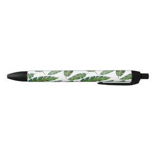 Watercolor banana leaves tropical summer pattern black ink pen