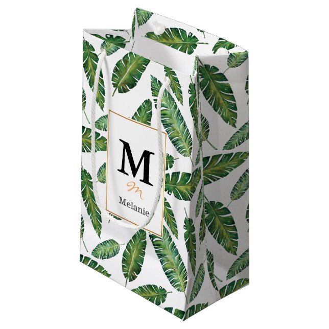 Watercolor banana leaves tropical summer pattern small gift bag (Front Angled)