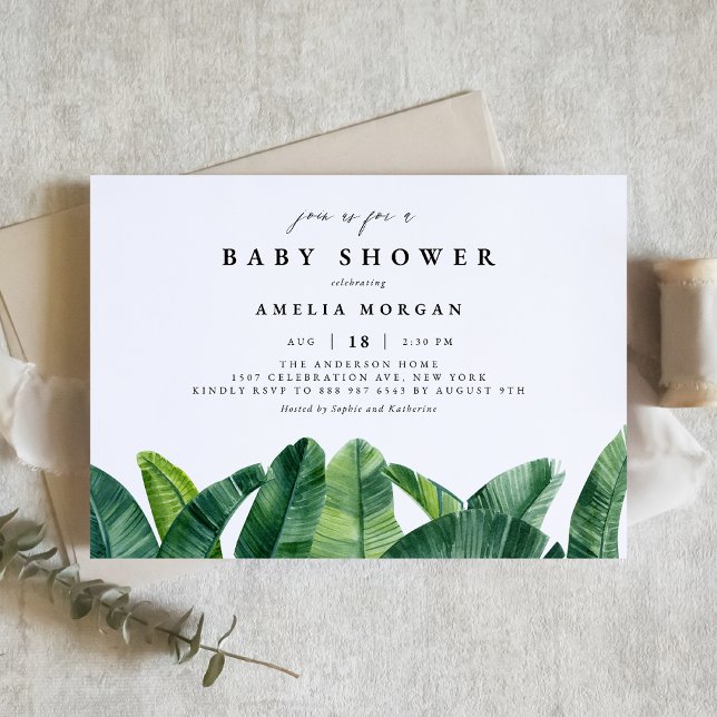 Watercolor Banana Palm Leaves Summer Baby Shower Invitation (Creator Uploaded)