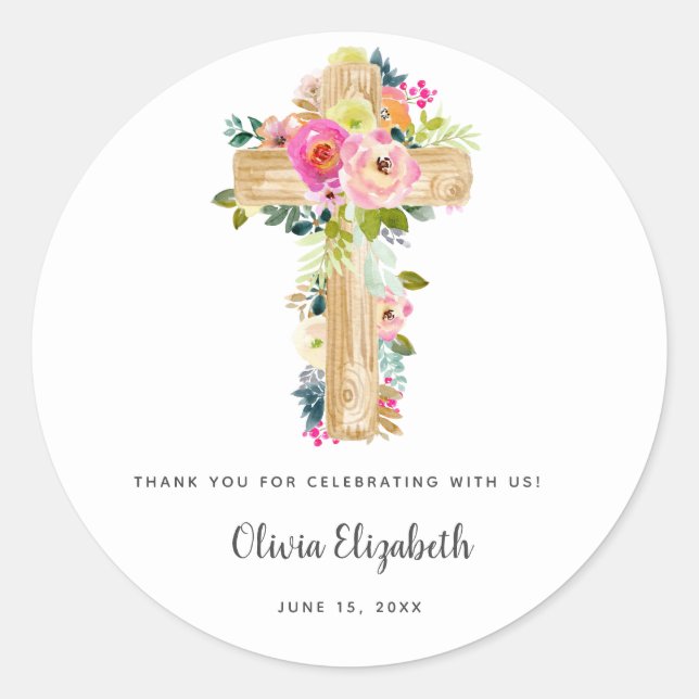 Watercolor Baptism Floral Cross Christening Classic Round Sticker (Front)