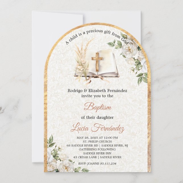 Watercolor Baptism Greenery Gender Neutral Invitation (Front)