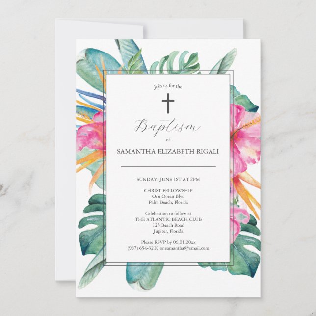 Watercolor Baptism Invitations Tropical Flowers (Front)