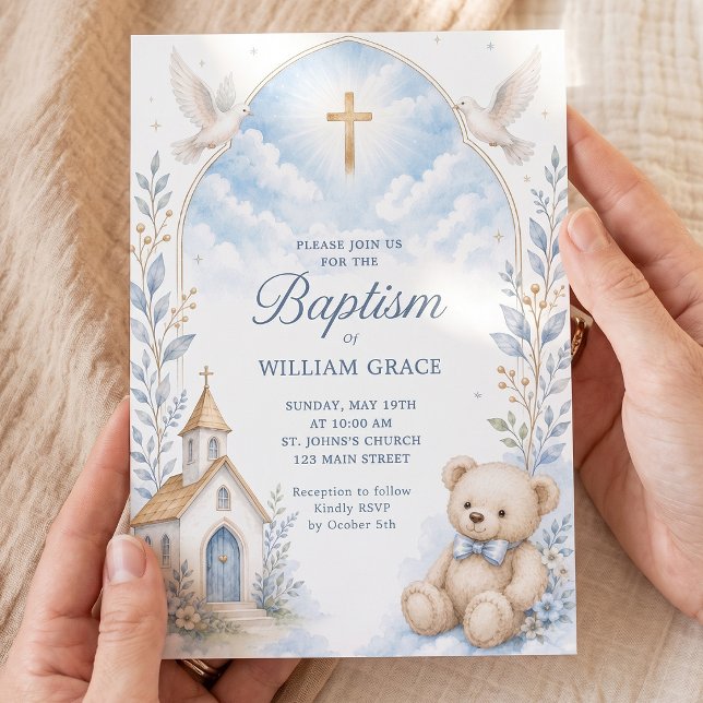 Watercolor Baptism Teddy Bear Invitation (Creator Uploaded)