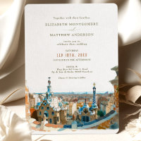 Watercolor Barcelona Park Guell Wedding 