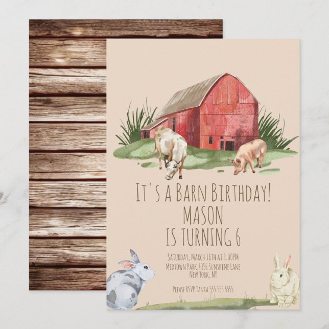Watercolor  Barn Animals Farm House Birthday Invitation (Front/Back)