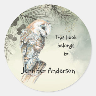 Watercolor Barn Owl Bird art Custom Bookplate Classic Round Sticker